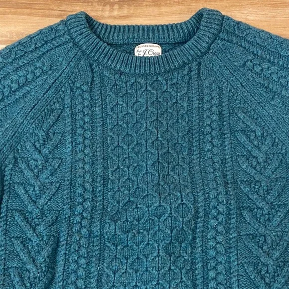 J. Crew Rugged Merino Wool Blend Cable Knit Sweater Mens Large Teal Green Raglan - Picture 2 of 8
